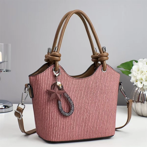 Women Pleated PU Leather Bucket Bag Large Capacity Commuter Top Handle Handbag With Star Charm And Detachable Strap