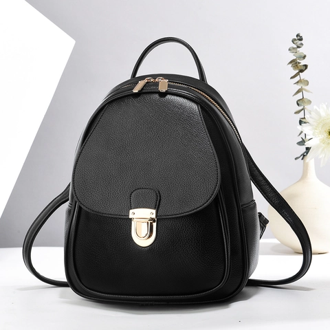 Sac À Dos Femme Mode Cuir PU Motif Litchi Mini Petit Sac De Voyage Rétro Polyvalent Pour Dames Avec Serrure En Métal