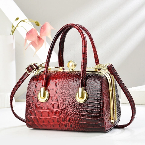 Sac À Main Rétro En Cuir PU À Motif Crocodile Décoration Boucle Künstliche Perle Style Docteur Poignée Supérieure Bandoulière Élégante