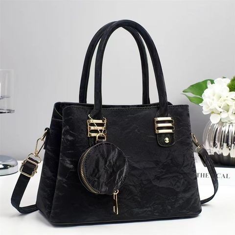 Trendy Women Large Capacity PU Leather Handbag With Mini Round Pouch Gold Hardware Ruched Texture Shoulder Crossbody Bag