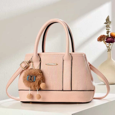 Women Vertical Striped Tote Handbag PU Leather Commuter Shoulder Bag With Plush Ball Pendant And Gold Metal Hardware