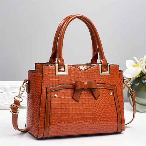 Fashion Women Crocodile Pattern Embossed PU Leather Handbag Elegant Bowknot Large Capacity Tote Shoulder Bag For Daily Commute Office