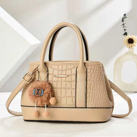 Women Handbag PU Leather Crocodile Stone Pattern Shoulder Crossbody Bag Large Capacity With Plush Charm