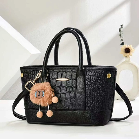 Women Handbag PU Leather Crocodile Stone Pattern Shoulder Crossbody Bag Large Capacity With Plush Charm