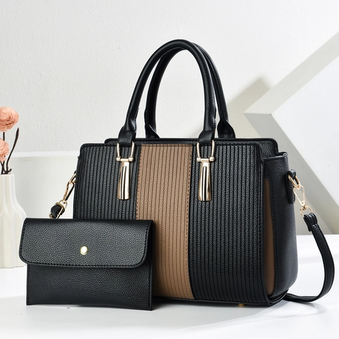 Vintage Γυναικεία Τσάντα Tote από Δέρμα PU Συνδυασμός Μόδα με Κάθετες Ρίγες Τσάντα Χειρός Ώμου για Γραφείο Καθημερινή Χρήση