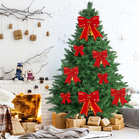 Weihnachts-Schleifen-Hänger Rote Beflockung Goldener Rand Metallglöckchen Merry Christmas Schild Weihnachtsbaumschmuck