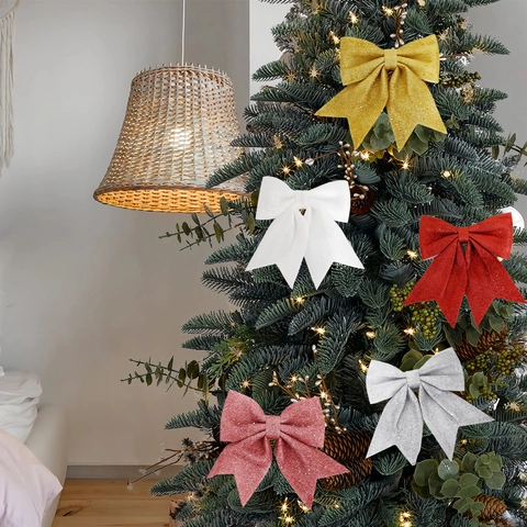 Glitter Christmas Ribbon Bows DIY Hanging Ornaments For Tree Sparkling Holiday Party Home Decor Supplies