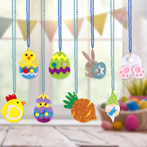 Osterhalskette Filzanhänger Kunststoff Perlenkette Hase Ei Küken Karotten Gnom Thema Partybevorzugung Foto Requisite