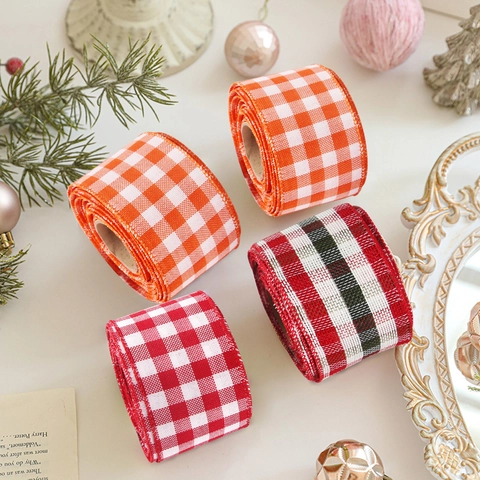 Cinta de Navidad de Imitación de Lino Gingham Cuadros Escoceses Para Envolver Regalos Decoración de Árbol de Navidad DIY