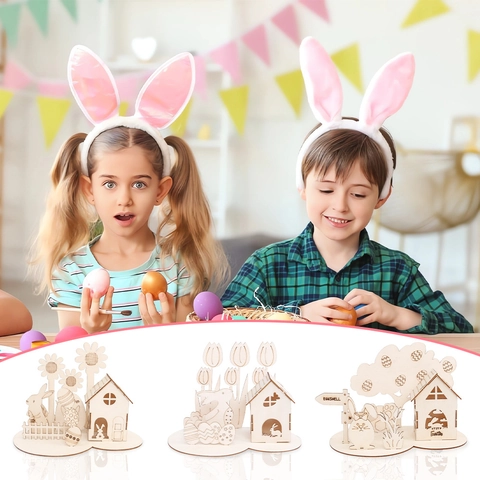 Easter 3D Wooden Puzzle DIY Painting Ornament Bunny Egg House Desktop Decoration Kids Gift Festival Party Supplies