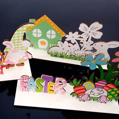 Easter Wooden Ornament Festive Bunny Gnome Letter Printed Desktop Decoration Home Party Supplies Holiday Table Centerpiece
