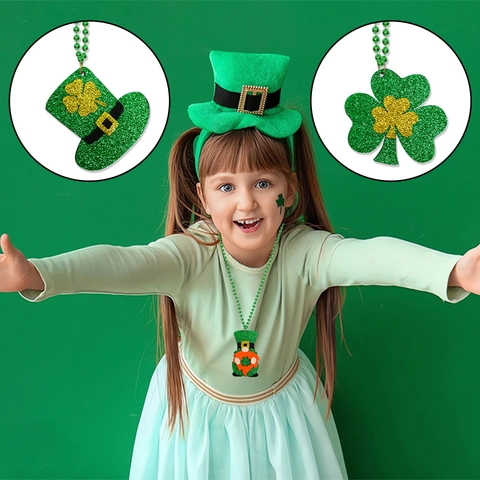 Collier en Perles de la Saint-Patrick Avec Pendentif Pailleté Articles de Fête Irlandais Trèfle Chapeau de Gnome Accessoires
