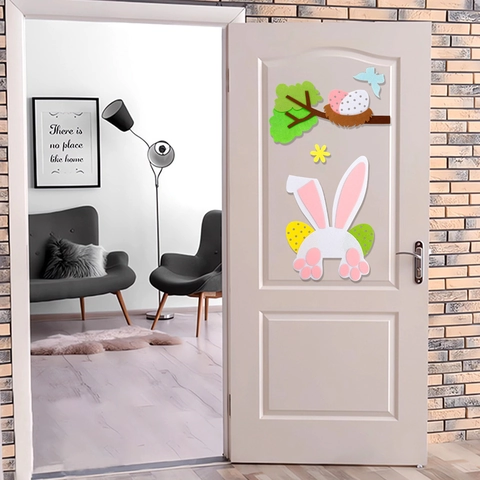Adesivi Pasquali in Feltro Fai Da Te per Porte e Finestre Modello Coniglietto Uovo Pulcino Decorazioni Parete per Festa Bambini