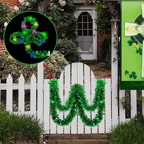 Ghirlanda di Tinsel Verde per San Patrizio Con Luci LED e Motivo a Trifoglio Decorazione Appesa per Festa Irlandese Casa