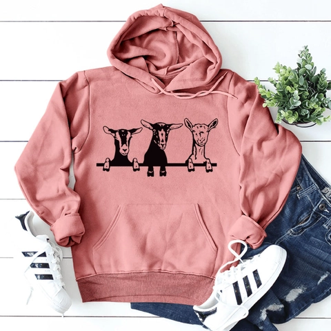 Felpa Con Cappuccio Donna Vestibilità Larga Cotone Poliestere Manica Lunga Coulisse Tasca Marsupio Stampa Capra Cartoon