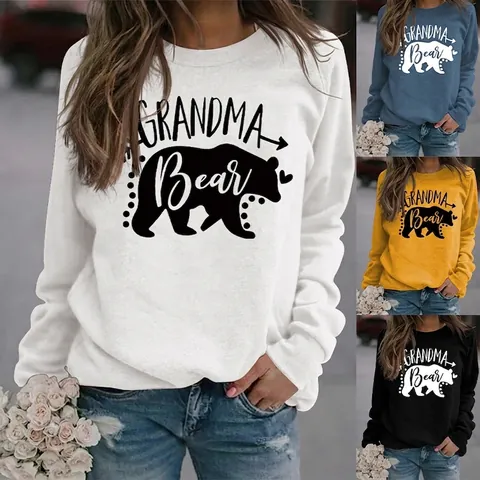 Damen Sweatshirt Rundhals Langarm Grandma Bear Print Baumwollmischung Pullover Lässiges Streetwear Geschenk Oberteil