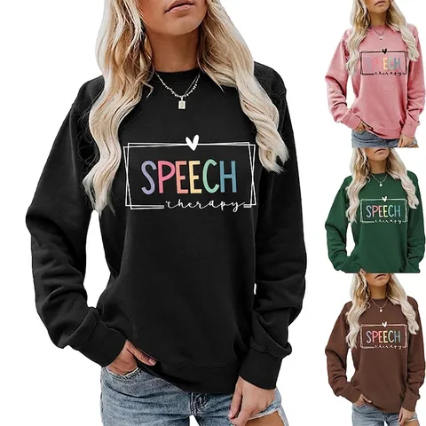 Damen Sweatshirt Speech Therapy Buchstabendruck Langarm Rundhalsausschnitt Baumwollmischung Casual Lockerer Pullover