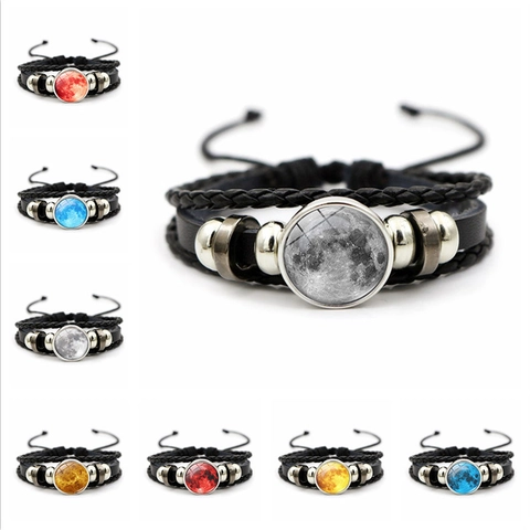 Multi Layer Geflochtenes Lederarmband Mit Mond Planet Glas Cabochon Legierung Charms Verstellbarer Celestial Schmuck