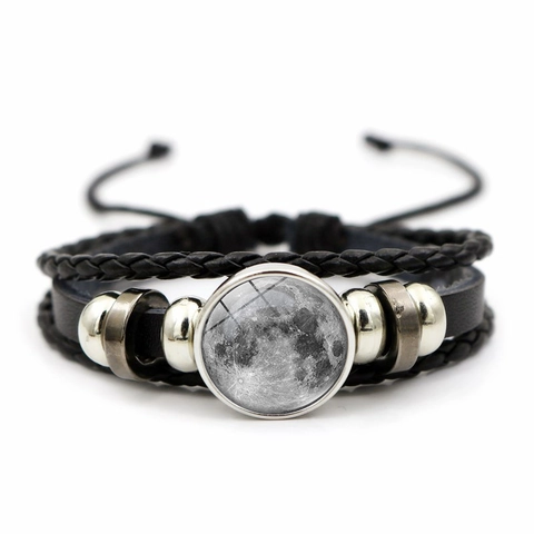 Multi Layer Geflochtenes Lederarmband Mit Mond Planet Glas Cabochon Legierung Charms Verstellbarer Celestial Schmuck
