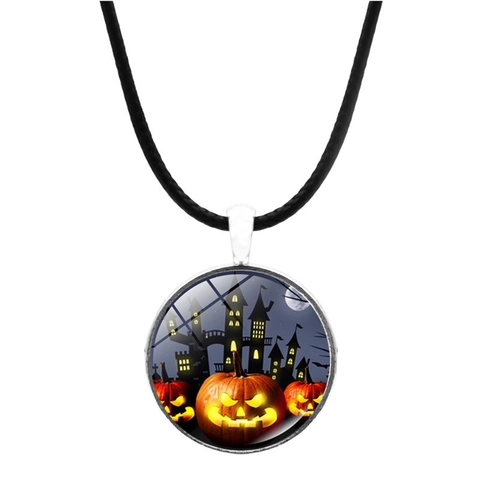 Collana Con Ciondolo Halloween Cabochon In Vetro Lega Di Zinco Cordino Nero Zucca Gatto Nero Gioielli Gotici Unisex