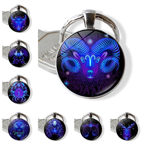 Porte-Clés Signe Du Zodiaque Alliage De Zinc Cabochon En Verre Pendentif Constellation Style Néon Cadeau