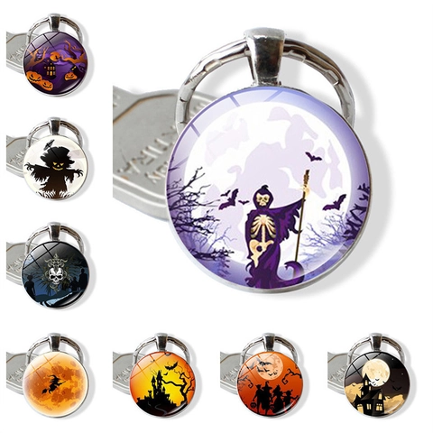 Halloween Keychain Zinc Alloy Glass Cabochon Witch Pumpkin Castle Bat Round Pendant Retro Festive Gift Accessory