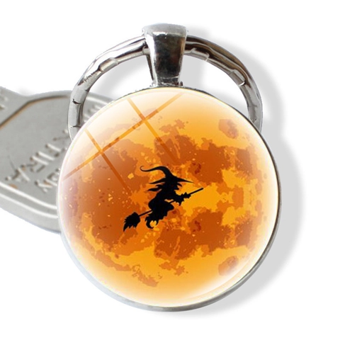 Halloween Keychain Zinc Alloy Glass Cabochon Witch Pumpkin Castle Bat Round Pendant Retro Festive Gift Accessory