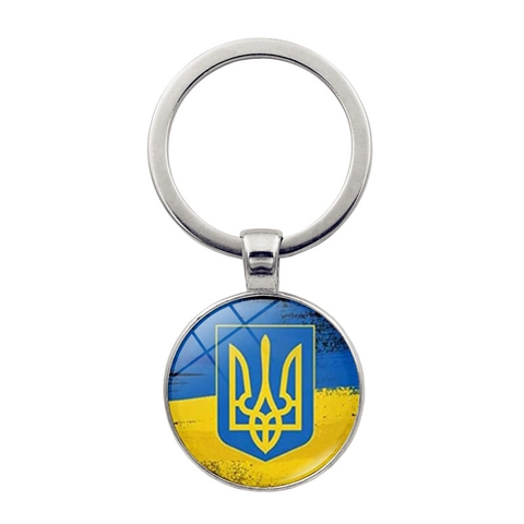 Keychain Ukraine Flag National Emblem Tryzub Round Glass Cabochon Zinc Alloy Pendant Key Ring Accessories Jewelry Gift