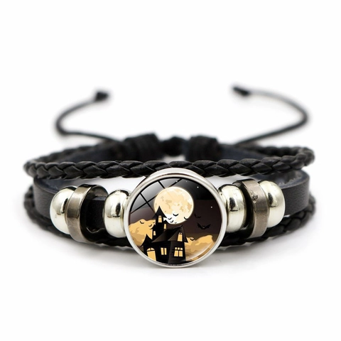 Halloween Meerlaags Gevlochten Leren Armband Legering Kralen Glas Edelsteen Pompoen Geest Heks Schedel Patronen Voor Mannen Vrouwen Sieraden