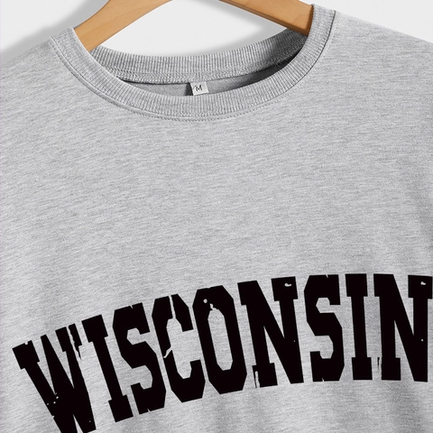 Damen Casual Baumwollmischung Sweatshirt Wisconsin Buchstaben Druck Rundhals Langarm Pullover Vintage Loose Fit Top