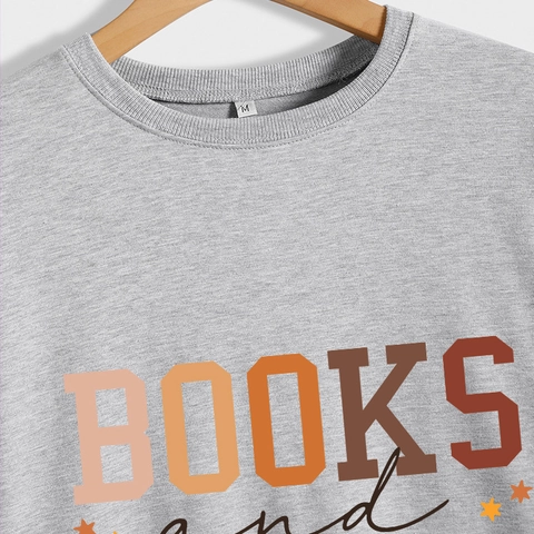 Sweat-Shirt À Col Rond Pour Femmes Mélange Coton Polyester Manches Longues Décontracté Imprimé Lettres Books And Coffee Vintage