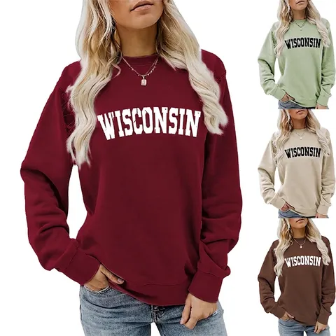Damen Casual Baumwollmischung Sweatshirt Wisconsin Buchstaben Druck Rundhals Langarm Pullover Vintage Loose Fit Top