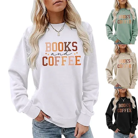 Sweat-Shirt À Col Rond Pour Femmes Mélange Coton Polyester Manches Longues Décontracté Imprimé Lettres Books And Coffee Vintage