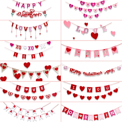 Valentine's Day Banner Heart Garland Non-woven Felt Hanging Decoration For Wedding Proposal Party Anniversary Romantic Love Letters