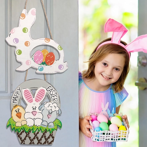 Plaque en Bois de Pâques Suspendue Lapin Œuf Ornement Floral pour Porte Murale Décoration Fête Vacances Maison