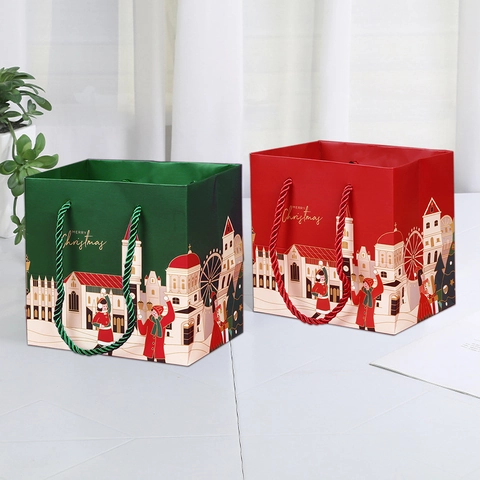 Weihnachten Papier Geschenktüte Mit Griff Festliches Stadt Schloss Muster Tragbare Urlaubs Geschenk Verpackungstüte Für Süßigkeiten