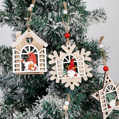 Decorazione Natalizia in Legno con Gnomo Finestra da Appendere per Albero di Natale Casa Festa DIY Pendaglio Festivo