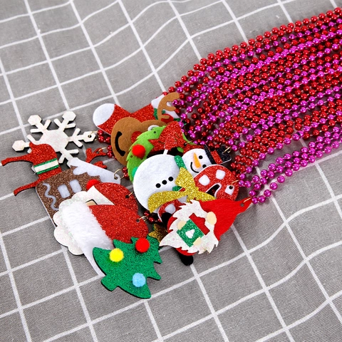 Christmas Cartoon Felt Pendant Bead Chain Necklace Santa Reindeer Snowflake Jewelry For Holiday Party Costume Accessories