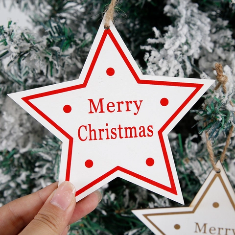 Weihnachten Holz Stern Hängeornament Merry Christmas Schriftzug Hanfseil Pentagramm Anhänger Festliche Baum Deko