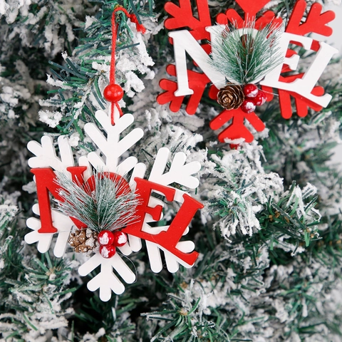 Christmas Wood Snowflake Hanging Ornament Noel Letter Sign With Pine Cone Red Berries For Christmas Tree Home Party Decoration