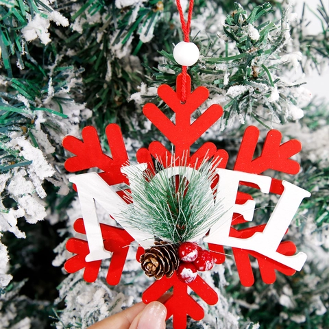 Christmas Wood Snowflake Hanging Ornament Noel Letter Sign With Pine Cone Red Berries For Christmas Tree Home Party Decoration