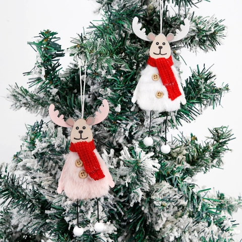 Ornamento Sospeso in Legno e Peluche a Forma di Renna Decorazione Albero di Natale Con Sciarpa Rossa per Festa