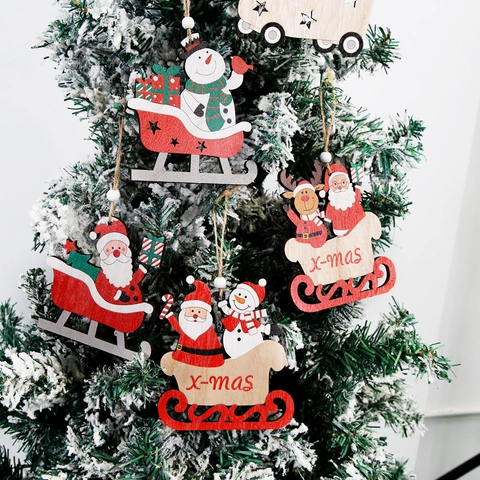 Christmas Wooden Pendant Laser Hollow Santa Claus Snowman Reindeer Sleigh Bicycle Hanging Ornament For Xmas Tree Window Decor