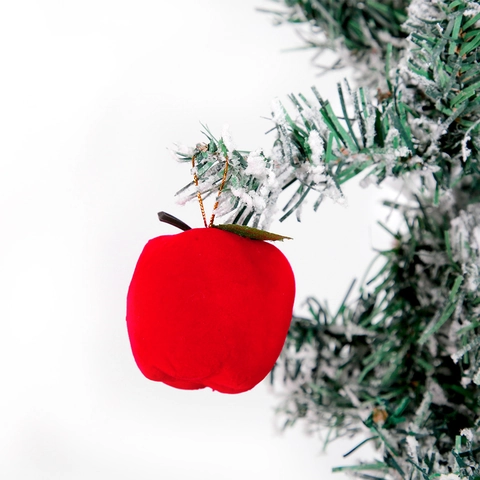 Decorazioni Natalizie a Forma di Mela Rossa Floccata Con Foglie Verdi Cordino Dorato Mele di Schiuma Appese per Albero