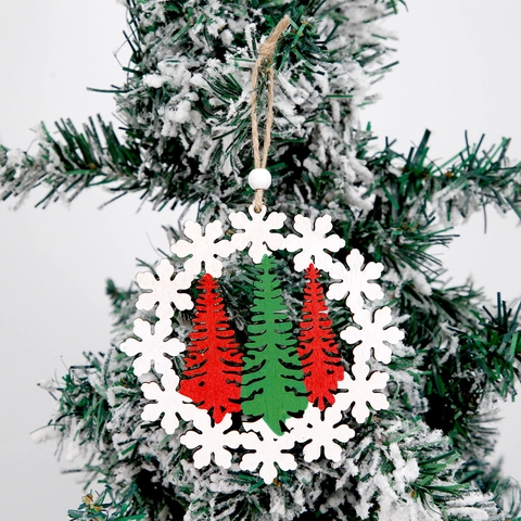 Decorazione Appesa in Legno a Forma di Albero di Natale e Fiocco di Neve Ciondolo Traforato Verniciato Con Corda di Juta