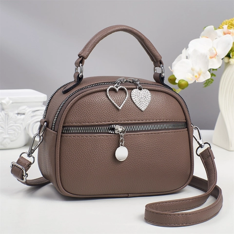 Sac À Main Femme Cuir PU Motif Litchi Pendentif Coeur Strass Double Fermeture Éclair Sac À Bandoulière Élégant Style Coréen