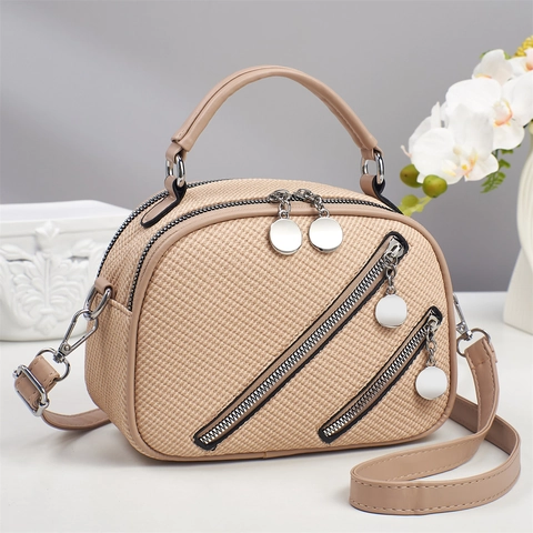 Women Woven PU Leather Handbag Multi Zipper Crossbody Shoulder Bag With Metal Pendant High End Fashion Small Square