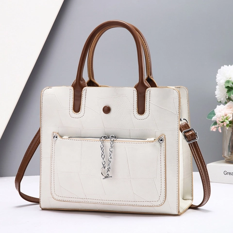 Women Handbag Large Capacity PU Leather Shoulder Crossbody Bag Geometric Patchwork Color Contrast Elegant Commuter Bag