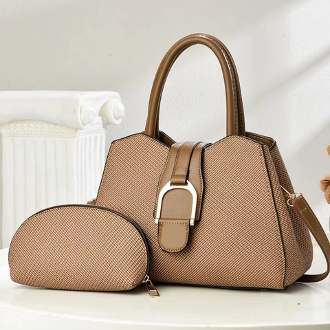 Woven Texture PU Leather Tote Handbag And Small Pouch Retro Crossbody Bag For Women With Removable Shoulder Strap