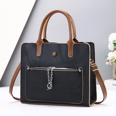 Women Handbag Large Capacity PU Leather Shoulder Crossbody Bag Geometric Patchwork Color Contrast Elegant Commuter Bag
